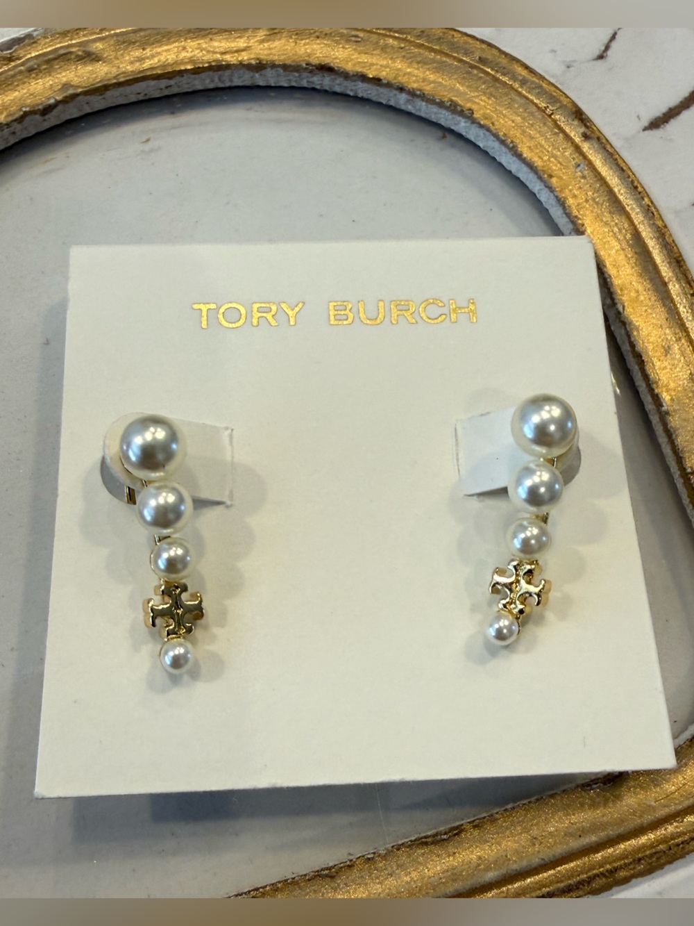 Tory Burch Gold Pearl Drop Dangle Logo Earrings studs